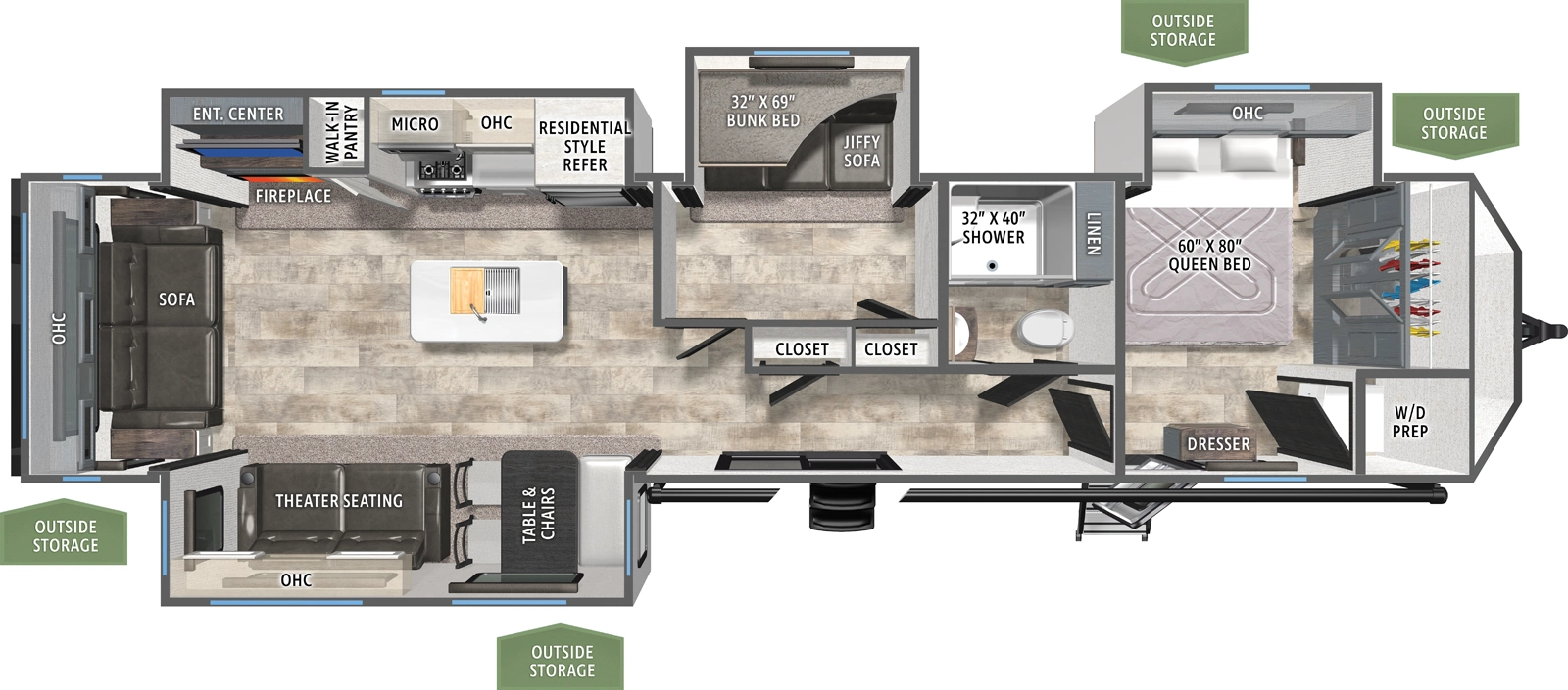 The Puma Destination 38RLB floorplan has two entries and four slide outs. Exterior features include: metal exterior and 19' awning. Interiors features include: bunk beds, kitchen island, front bedroom and rear living.